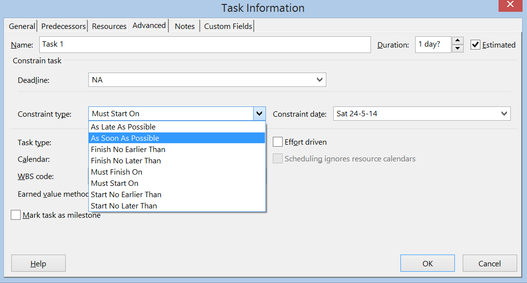 The Task information Advanced menu