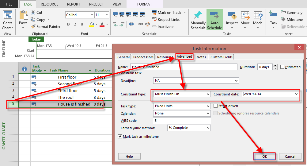 A picture showing how to add a must finish on constraint in Microsoft project
