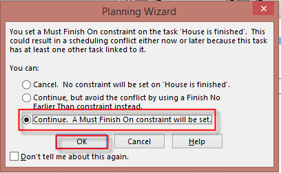 A planning wizard menu telling the user that a constraint is placed on the task.