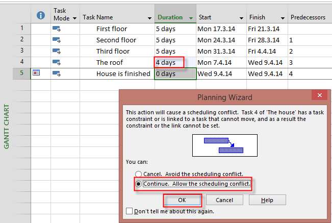 The planning wizard in Microsoft Project.