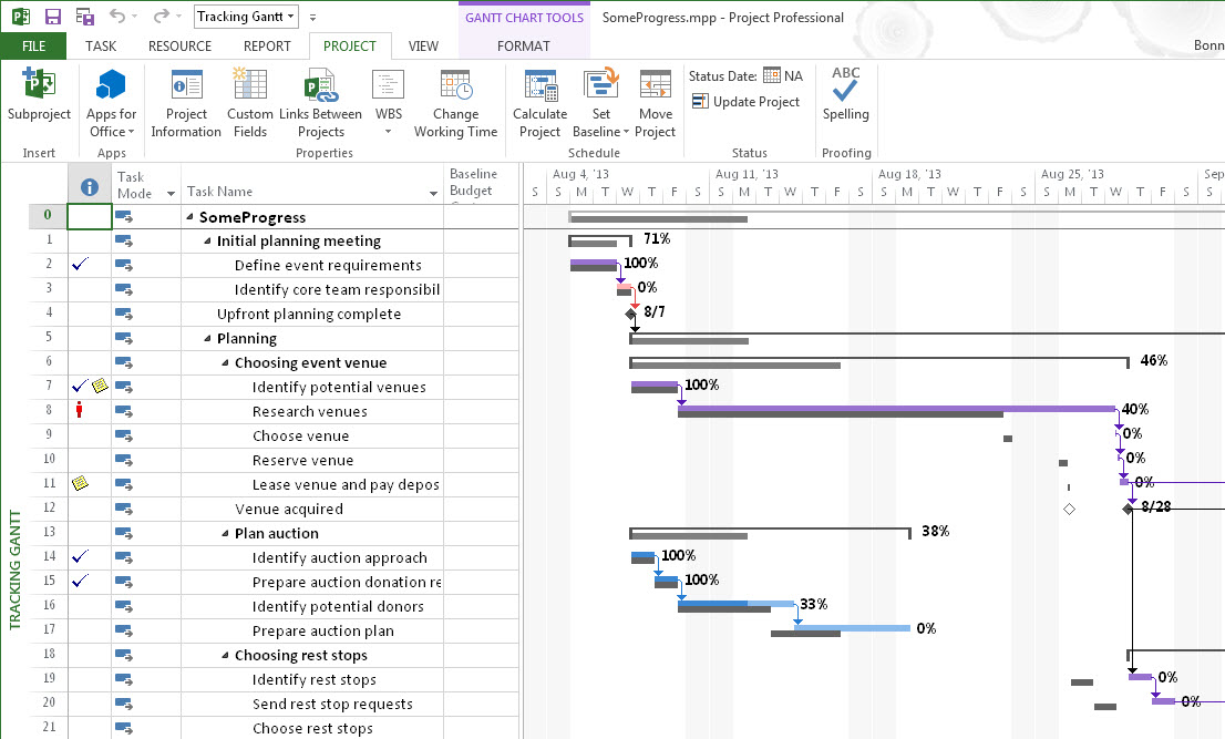 A Tracking gantt view with one baseline