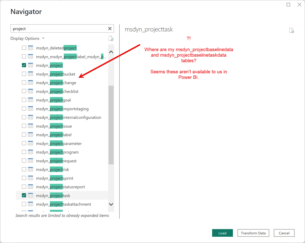 No access to the baseline tables in Power BI.